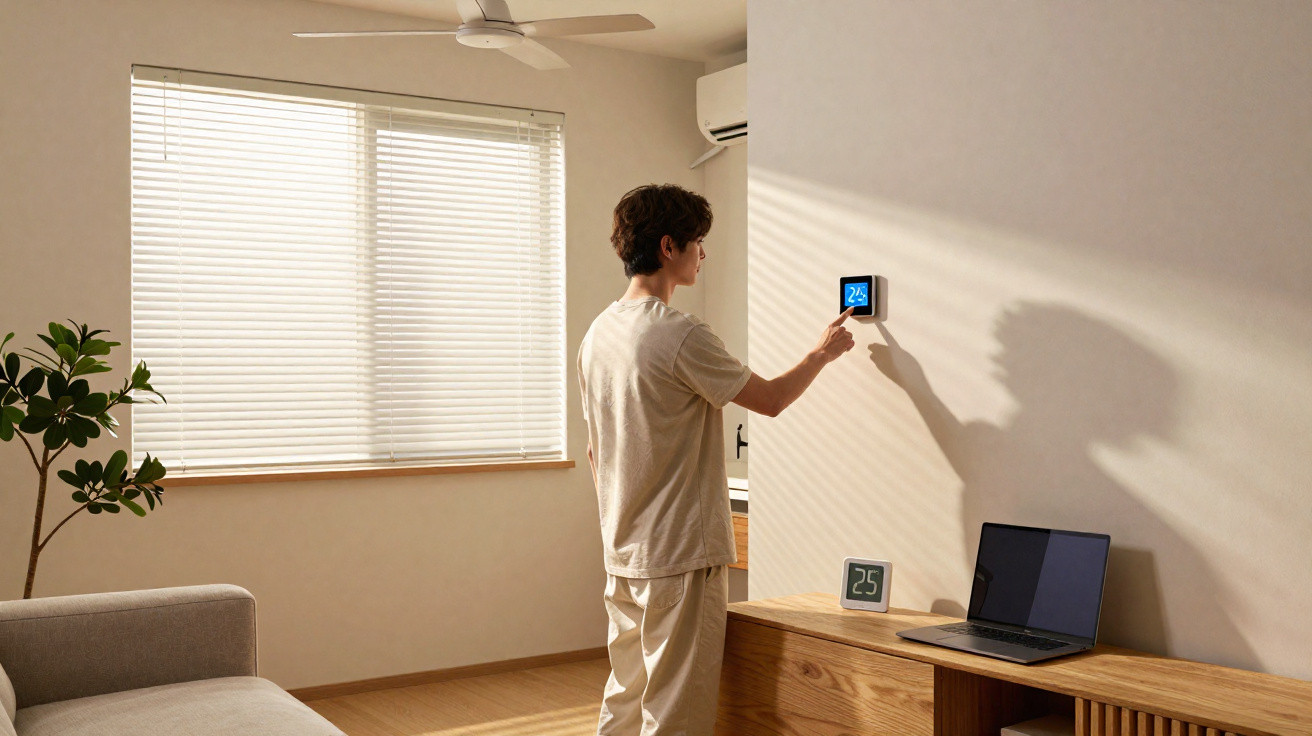 Junger Mann stellt digitalen Thermostat an weißer Wand in hellem Wohnzimmer mit Laptop ein.