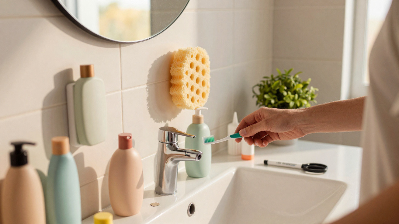 Hand hält eine Zahnbürste über Waschbecken mit Spendern und Schwamm im modernen Badezimmer