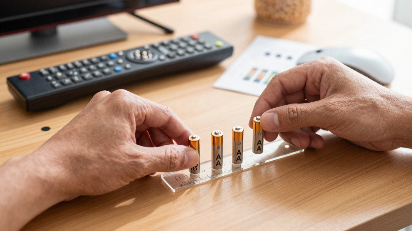 Zwei Hände setzen AA-Batterien in eine transparente Halterung auf einem Holztisch mit Fernbedienung.