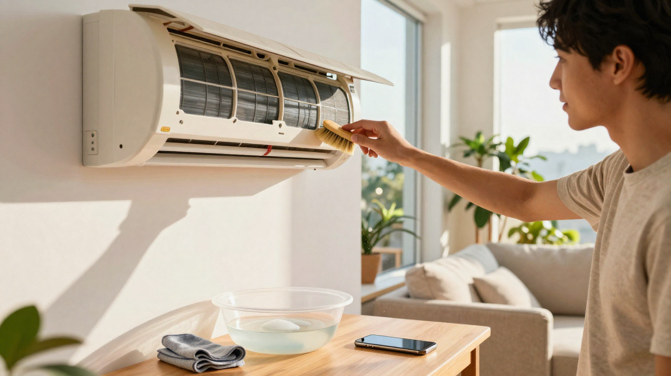 Mann reinigt mit Bürste den Luftfilter einer Wandklimaanlage in einem hellen Wohnzimmer.