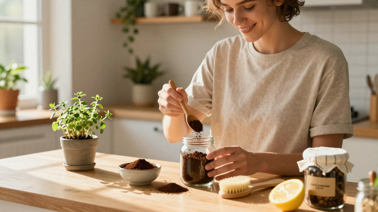 Frau füllt Kaffeepulver mit Löffel in Glas in heller Küche mit Topfpflanzen und Zitrone.