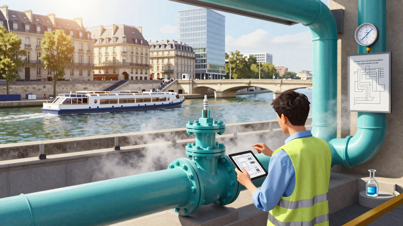 Facharbeiter mit Tablet überwacht Dampfleitungen an einem Flussufer vor einer Stadtkulisse mit Schiff und Brücke.