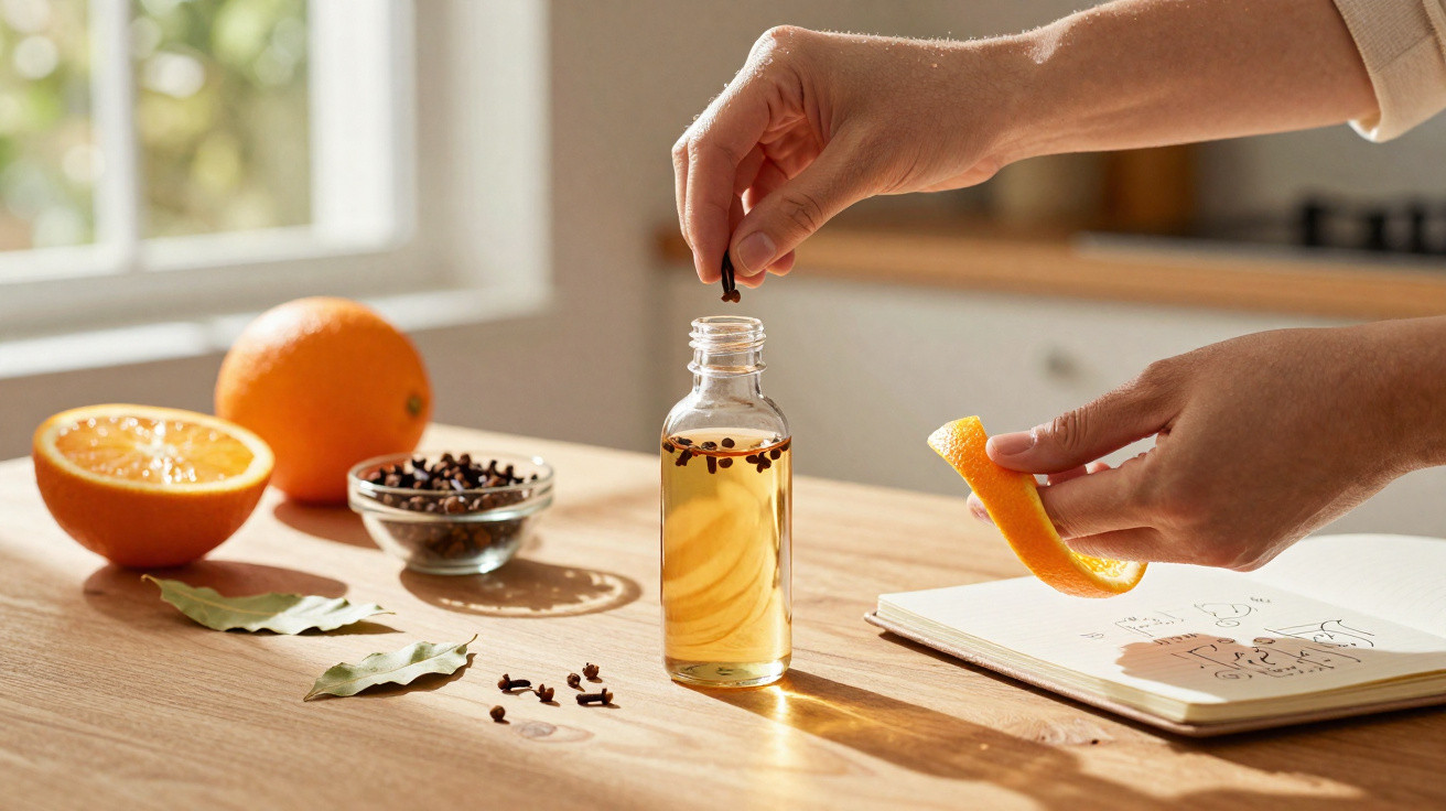 Hände geben Gewürznelken in eine Glasflasche mit Flüssigkeit, daneben Orangenschale und ein Notizbuch.