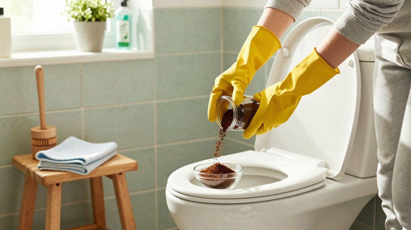 Person mit gelben Gummihandschuhen streut Kaffeepulver in eine Schüssel auf einer geöffneten Toilette.