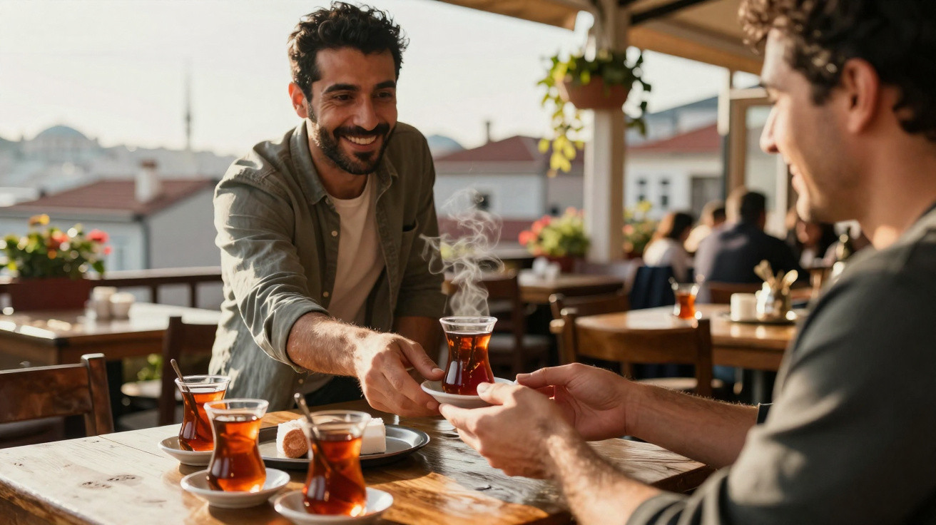 Zwei Männer trinken in einem Café Tee aus traditionellen Gläsern bei Sonnenuntergang.