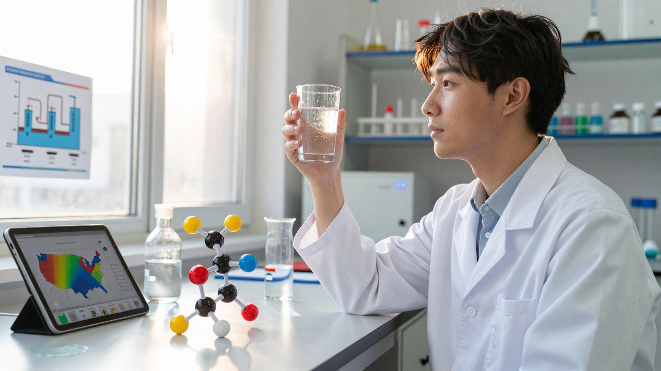 Junger Wissenschaftler im Labor hält Glas Wasser und betrachtet es aufmerksam bei Tageslicht.