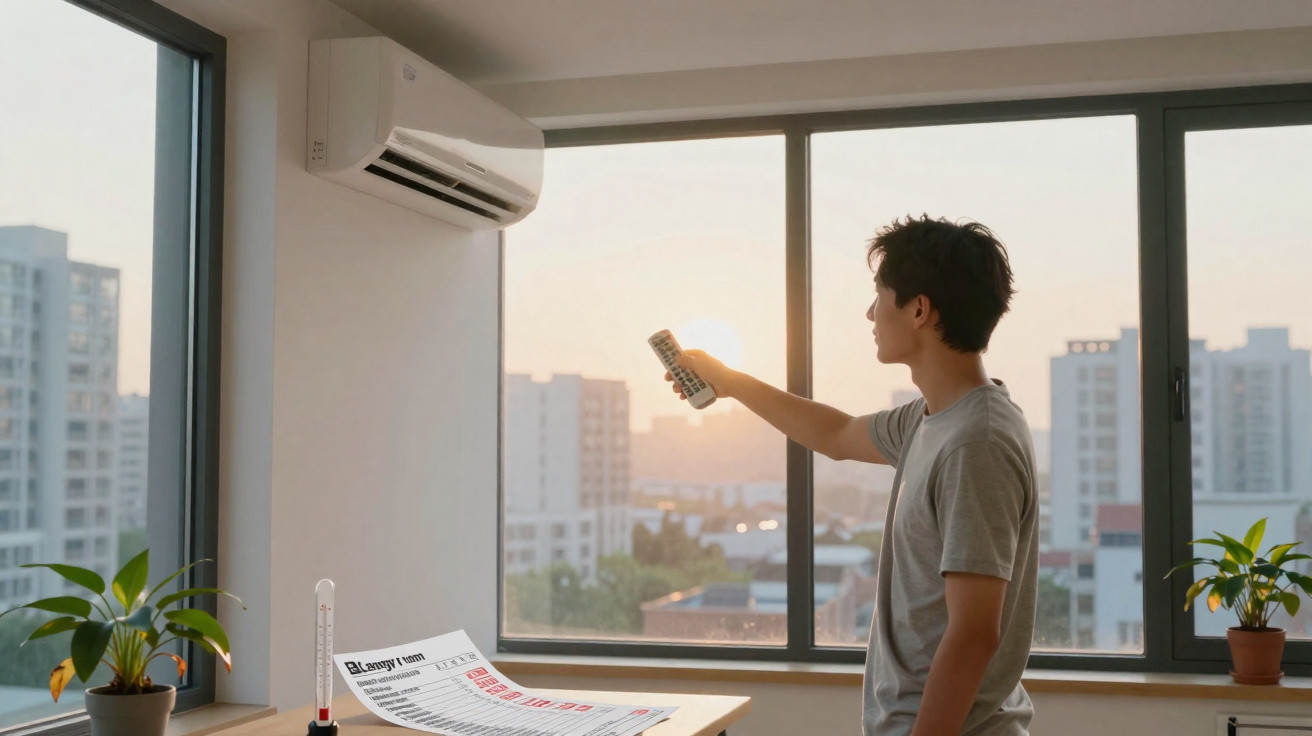 Mann bedient Klimaanlage mit Fernbedienung im Raum mit großen Fenstern und Blick auf Stadt bei Sonnenuntergang.