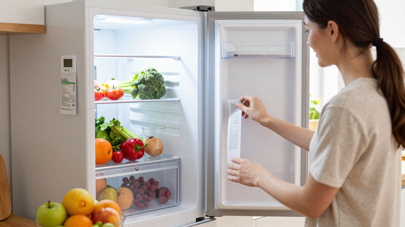 Frau liest Etikett im geöffneten Kühlschrank mit frischem Gemüse und Obst in moderner Küche.