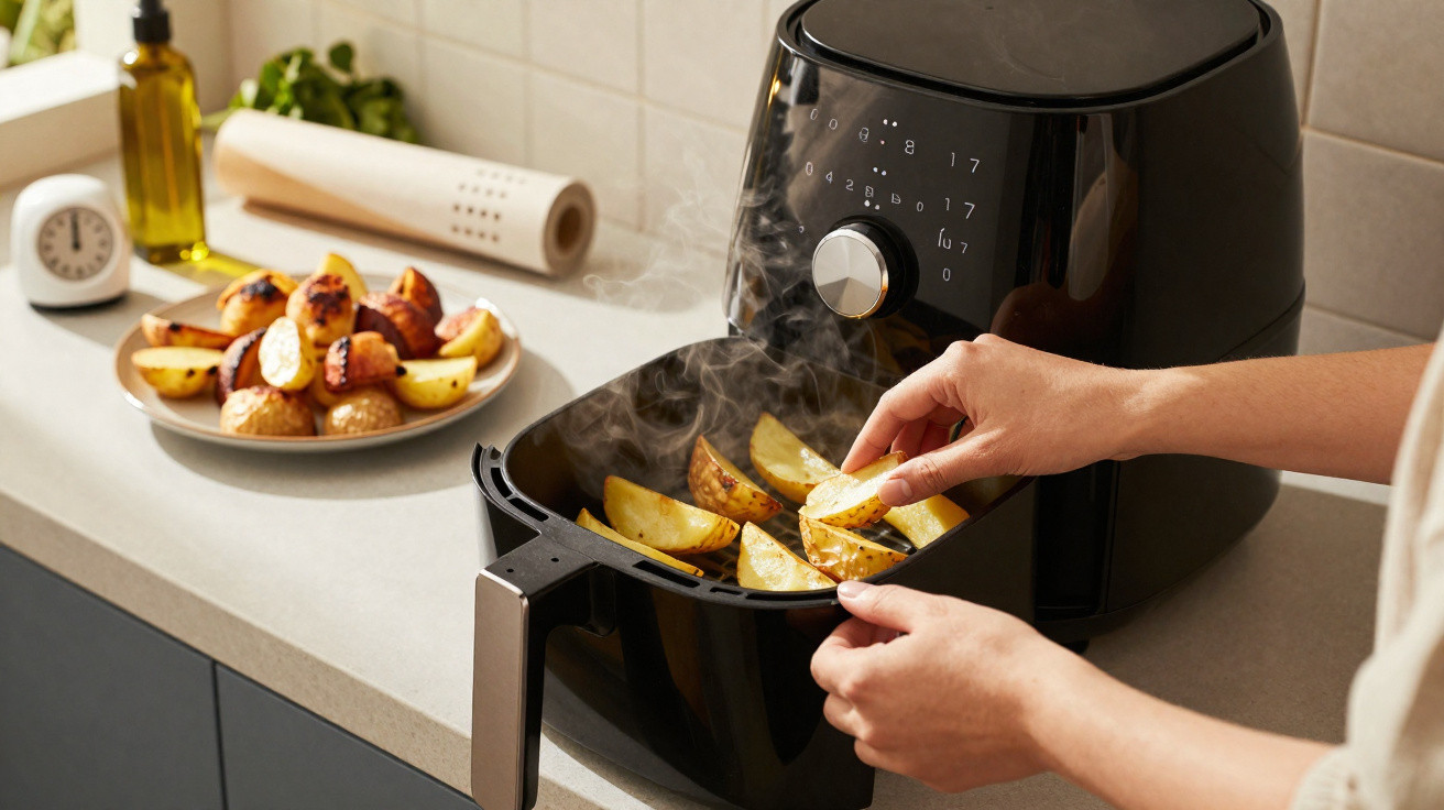 Person nimmt frisch zubereitete Kartoffelspalten aus einem schwarzen Heißluftfritteuse-Korb in moderner Küche.