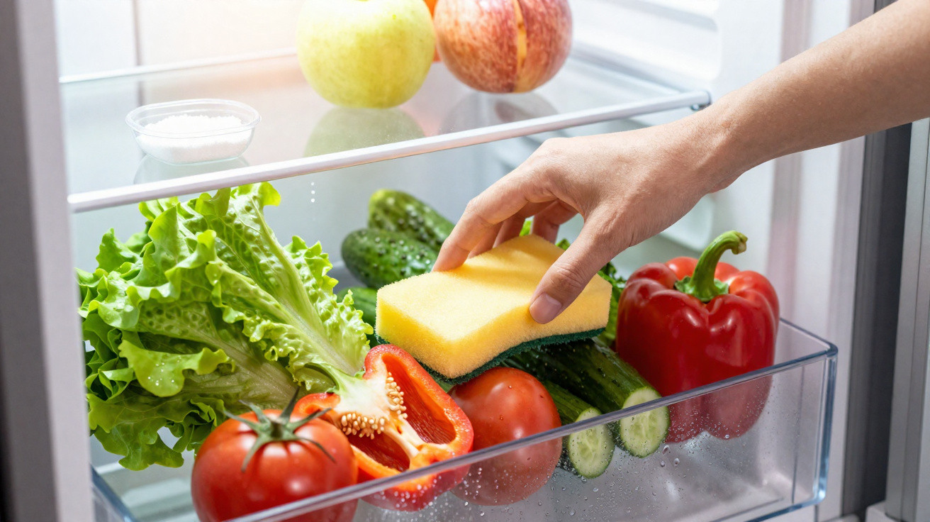 Hand mit Schwamm reinigt Gemüsefach im Kühlschrank mit Salat, Tomaten, Gurken, Paprika und Äpfeln.