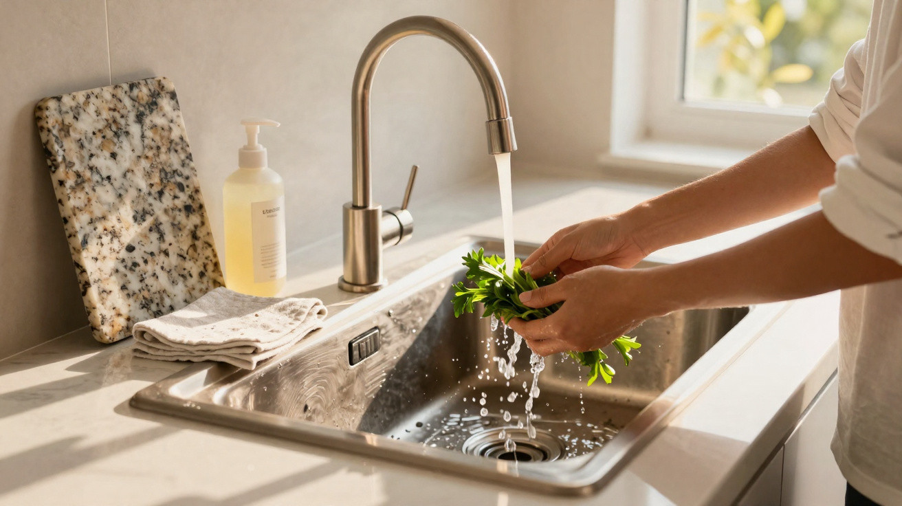 Person wäscht frische Kräuter unter fließendem Wasser in einer modernen Küchenspüle am Fenster.