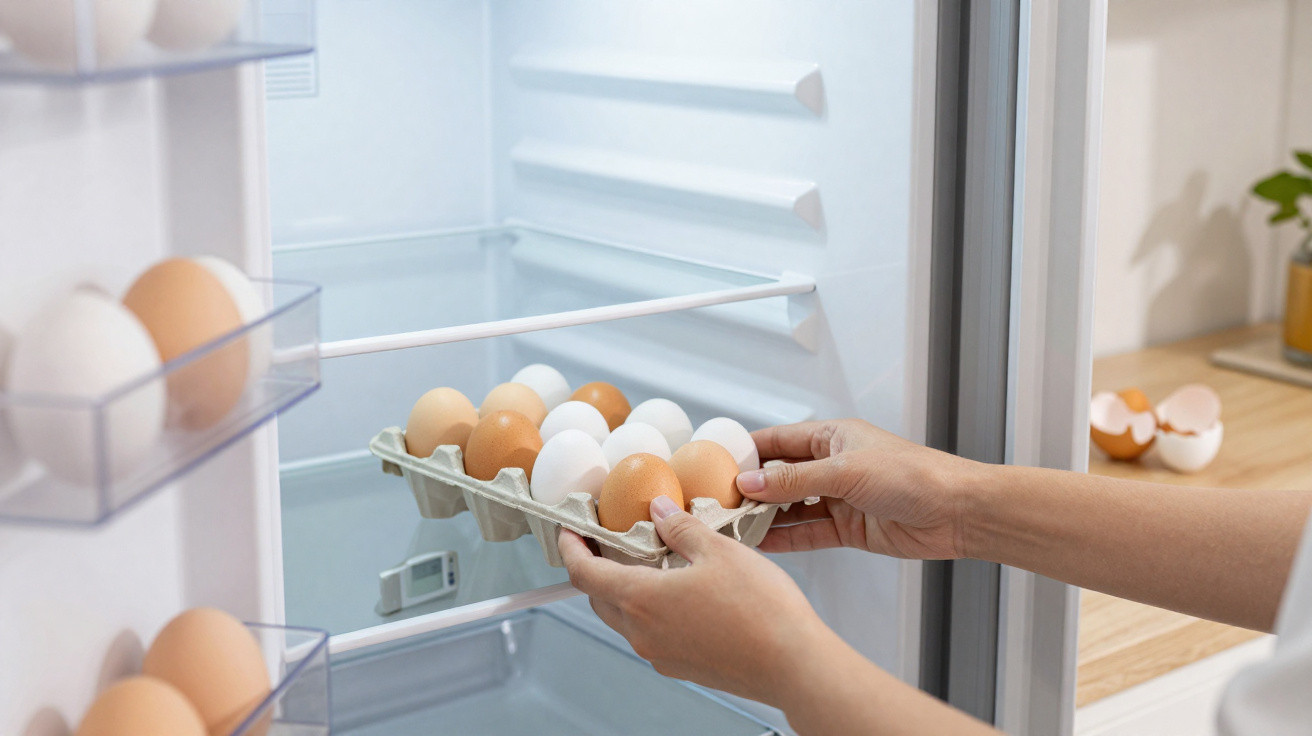 Person legt eine Schachtel braune und weiße Eier in einen Kühlschrank.