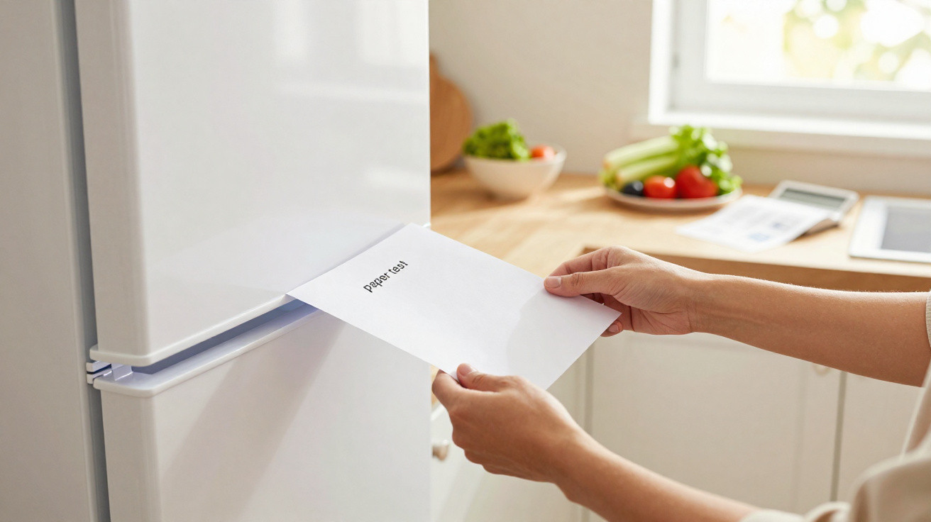Person legt papierbeschriftet mit "paper test" in Gefrierschrank in moderner Küche ein.