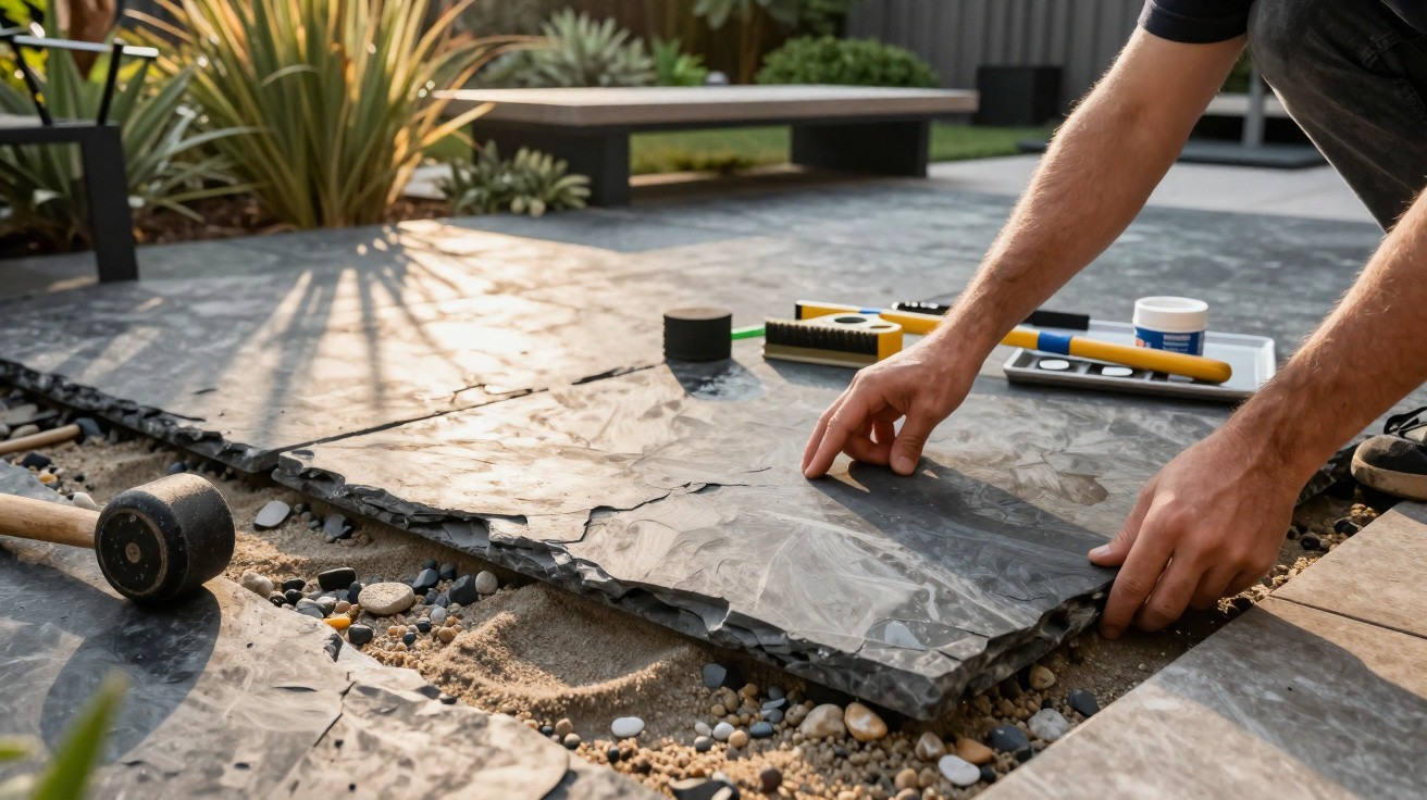 Hände verlegen große schwarze Steinplatten auf einem vorbereiteten Kies- und Sandbett im Gartenbereich.
