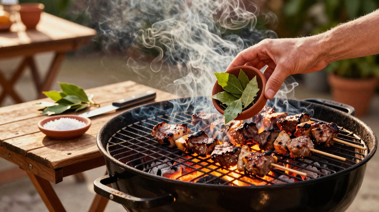 Hand gibt Lorbeerblätter über Grill mit Fleischspießen, rauchender Holzkohle-Grill im Garten.