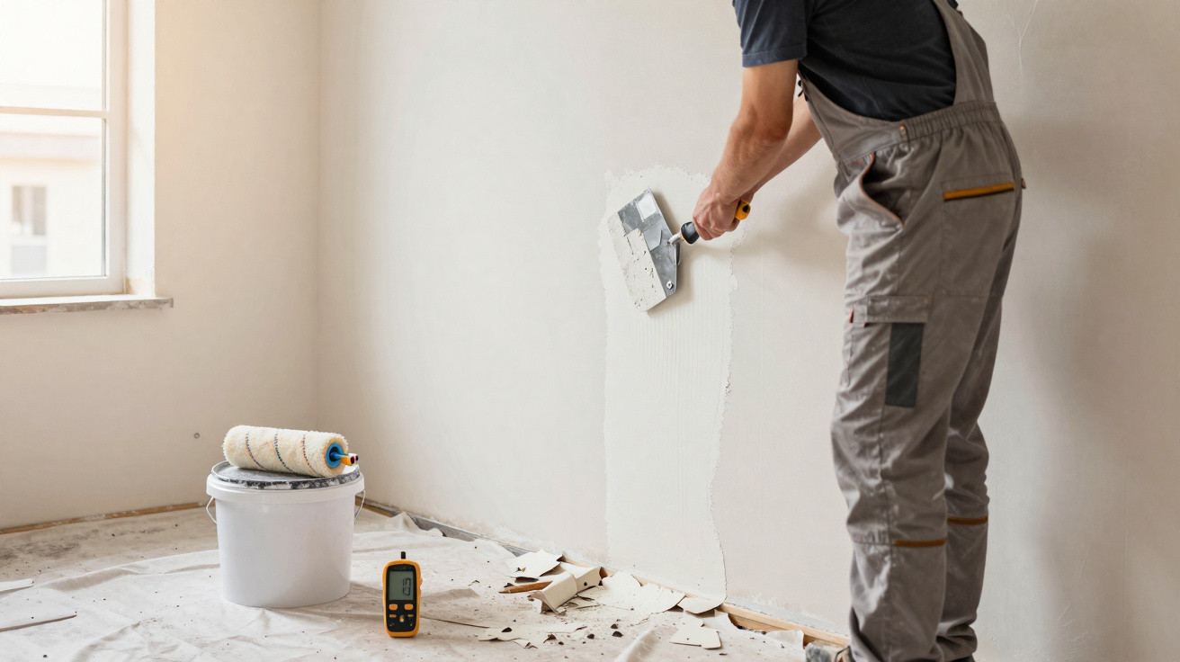 Handwerker trägt Spachtelmasse an weißer Wand in unmöbliertem Raum mit Malerrolle und Eimer auf Boden auf.