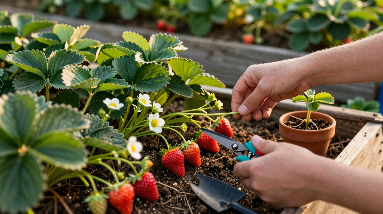 Hände ernten reife Erdbeeren in einem Hochbeet mit Gartenschere und kleinen Gartenwerkzeugen.