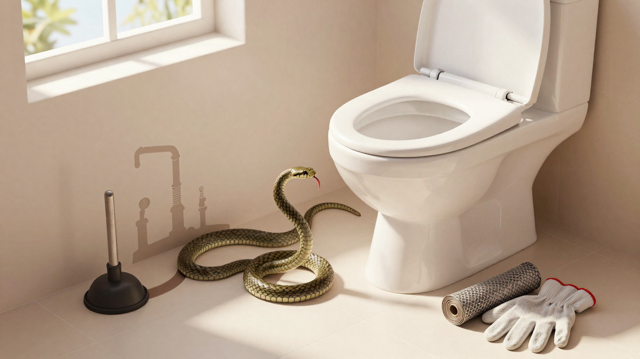 Schlange neben einer weißen Toilette auf Fliesenboden mit Pömpel, Handschuhen und Fensterlicht.