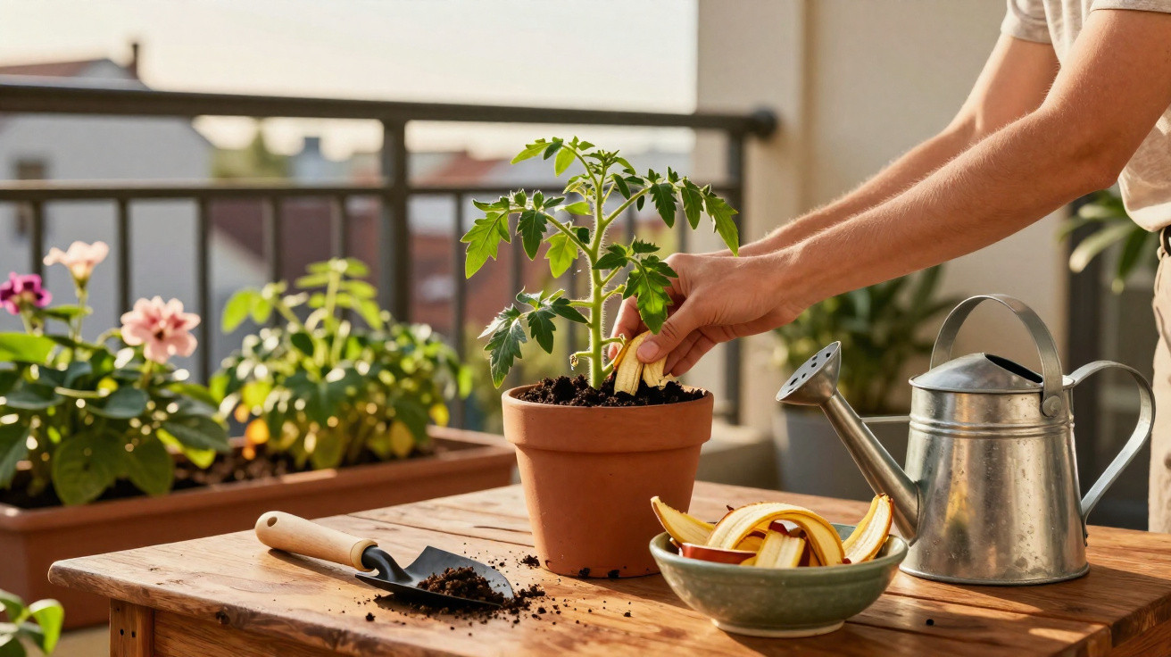 Person verwendet Bananenschalen als natürlichen Dünger für eine Tomatenpflanze auf dem Balkon.