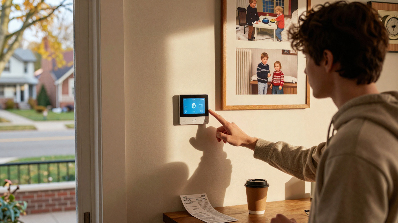 Person stellt smarten Thermostat an Innenwand neben Familienfotos und Eingangstür ein.