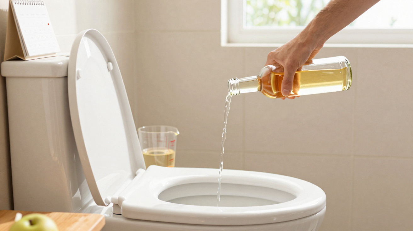 Hand gießt Flüssigkeit aus Flasche in geöffnetes Toilettenbecken in hellem Badezimmer.