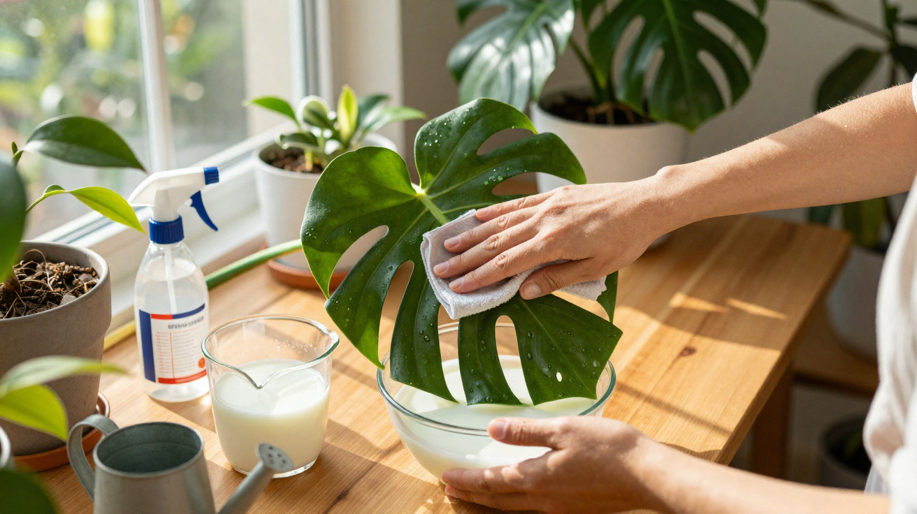 Person reinigt großes Monstera-Blatt mit Tuch über Schale auf Holztisch am Fenster.
