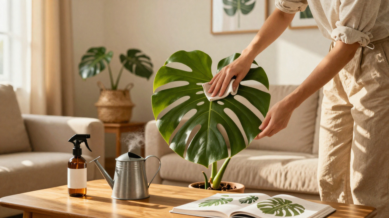 Person wischt großes Monstera-Blatt in gemütlichem Wohnzimmer mit Gießkanne und Buch auf Holztisch.