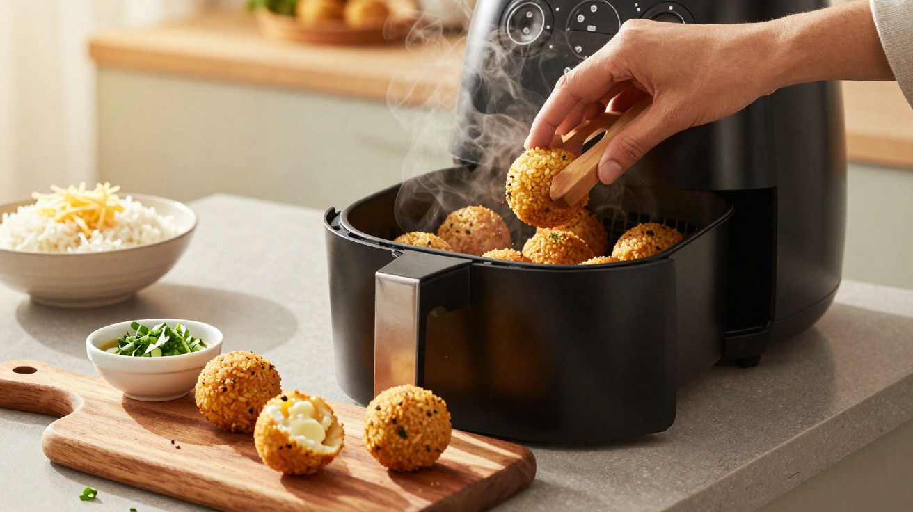Hand entnimmt heiße, frittierte Reisbällchen aus schwarzer Heißluftfritteuse auf grauer Küchenarbeitsplatte.