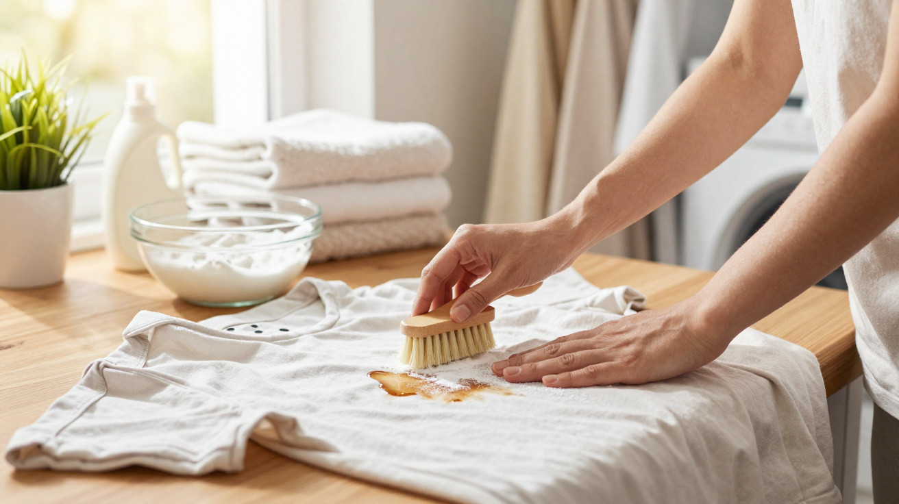 Person schrubbt Fleck aus weißem T-Shirt mit Bürste auf Holztisch mit Waschutensilien im Hintergrund.