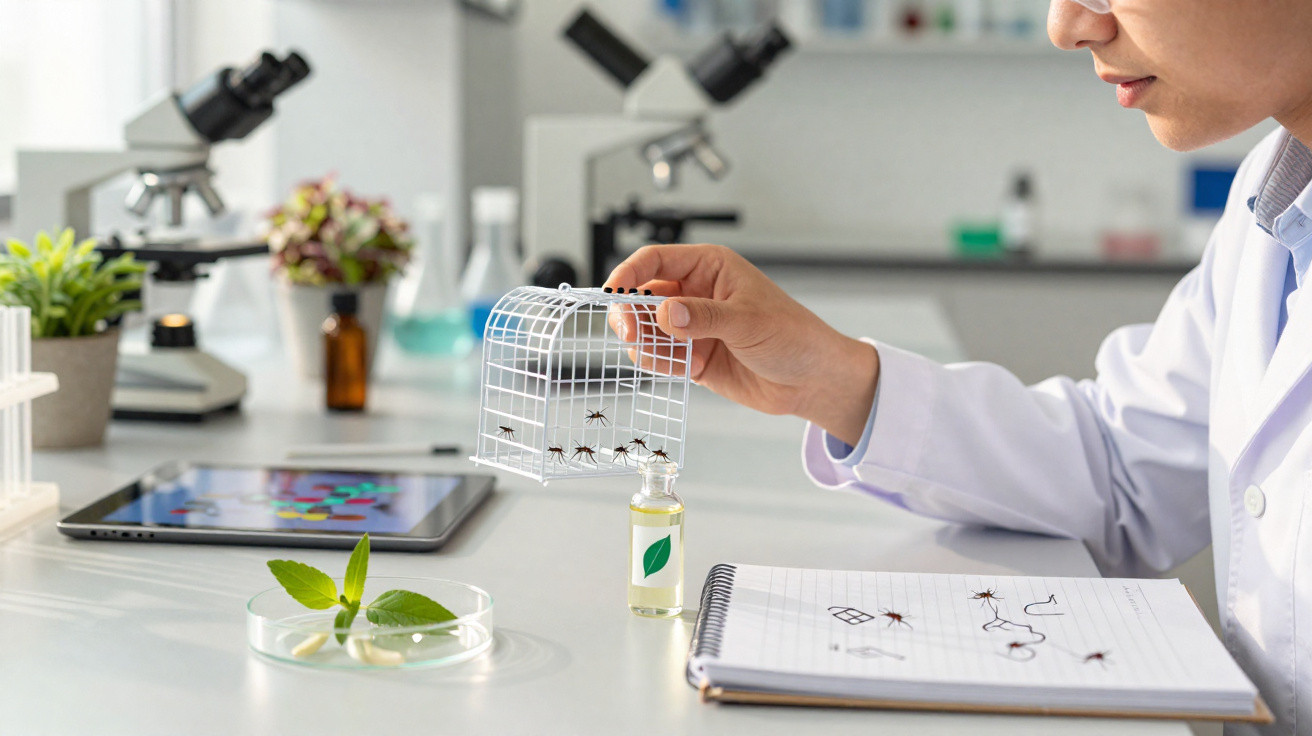 Wissenschaftlerin hält Käfig mit Insekten im Labor, Notizbuch mit skizzierten Insekten auf dem Tisch.