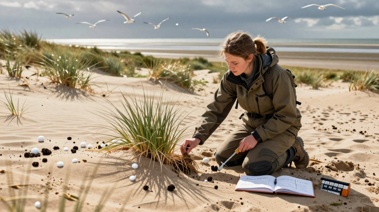 Feldforscherin untersucht Sanddüne mit Pflanzen und weißen Probekugeln am windigen Küstenstrand.