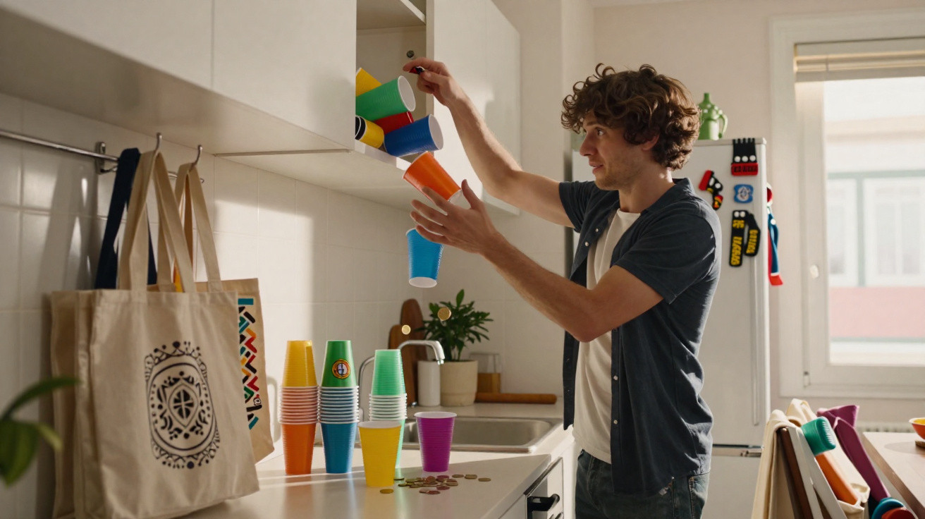 Junger Mann sortiert bunte Plastikbecher in einem hellen Küchenschrank mit Taschen auf der Arbeitsplatte.
