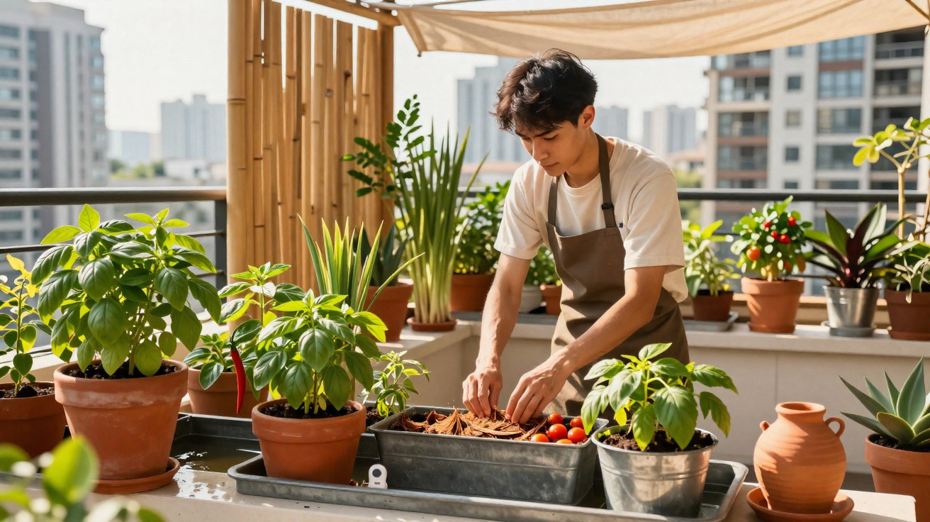 Junger Mann pflegt Pflanzen auf sonnigem Balkon mit Stadtblick, umgeben von Blumentöpfen und Kräutern.