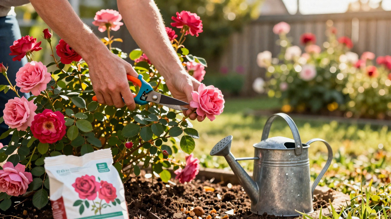 Person schneidet rosa Rosen mit Gartenschere im Beet, daneben Gießkanne und Rosendüngerpackung.