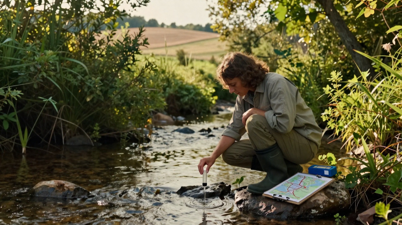 Frau in Outdoor-Kleidung entnimmt Wasserprobe aus einem Bach, Karte und Gerät liegen auf Stein neben ihr.