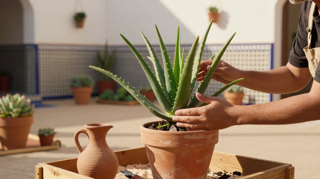 Person gießt oder pflegt eine Aloe Vera Pflanze in einem Terrakottatopf auf einer Holzpalette im Freien.
