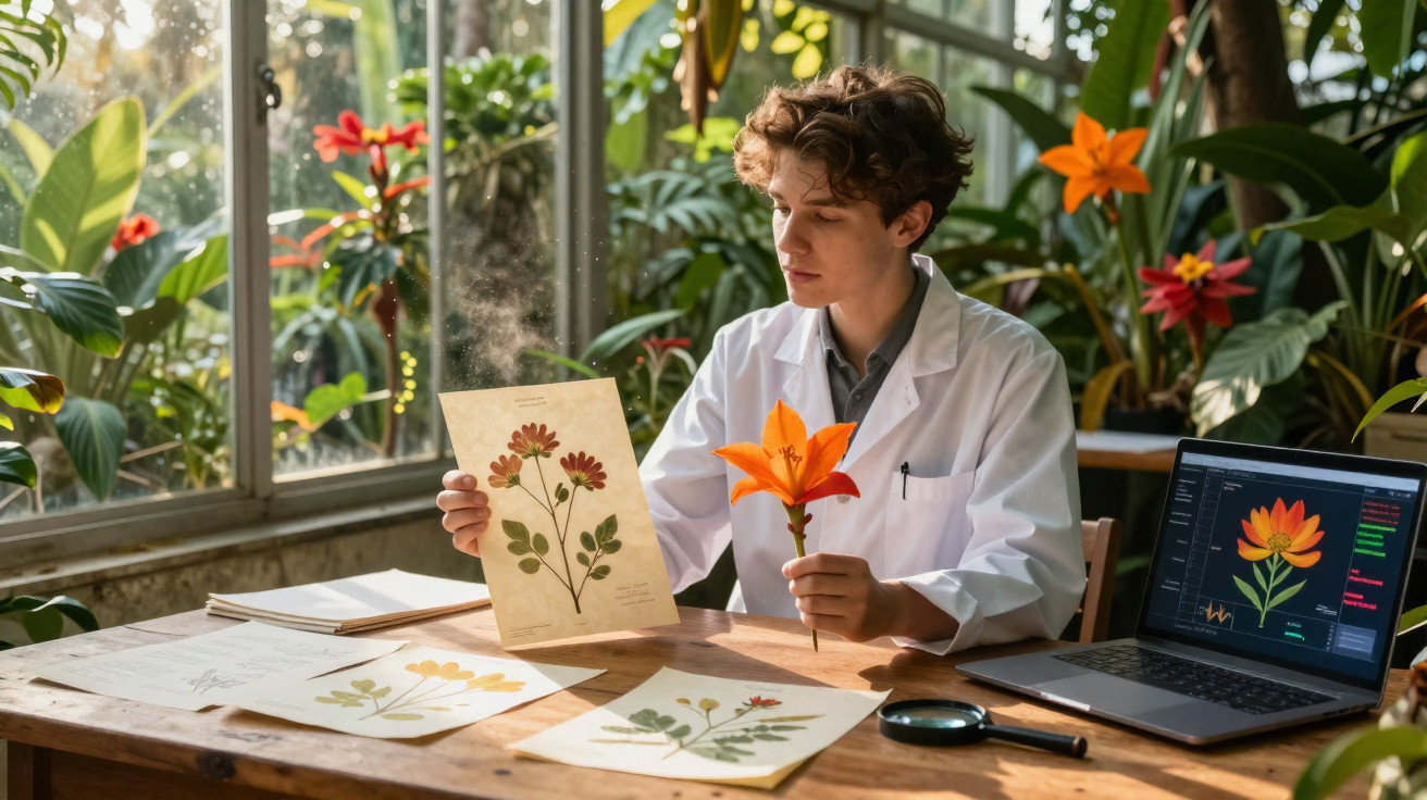 Junger Botaniker im Labor mit weißem Kittel untersucht eine orange Blume und Pflanzenzeichnungen am Tisch.