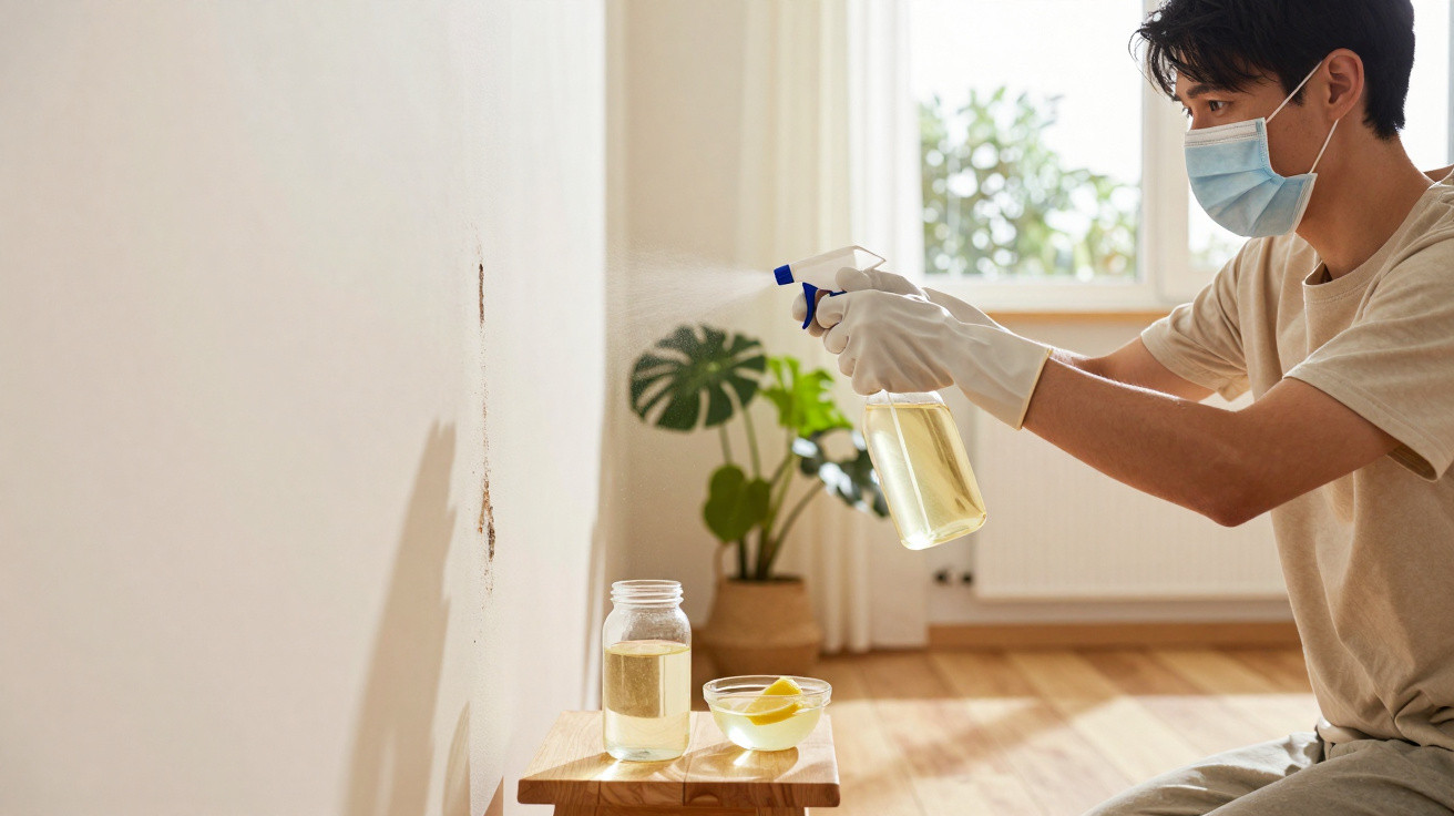 Person mit Maske und Handschuhen sprüht Reinigungslösung auf eine verschimmelte Wand im Wohnzimmer.
