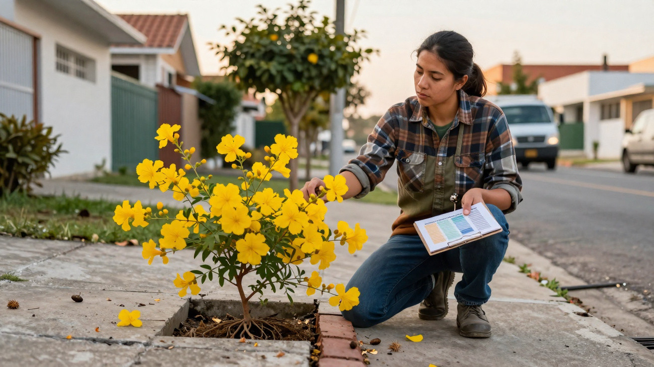 Frau kniet auf Gehweg und inspiziert gelbe Blumen an Baum, hält Klemmbrett in der Hand.
