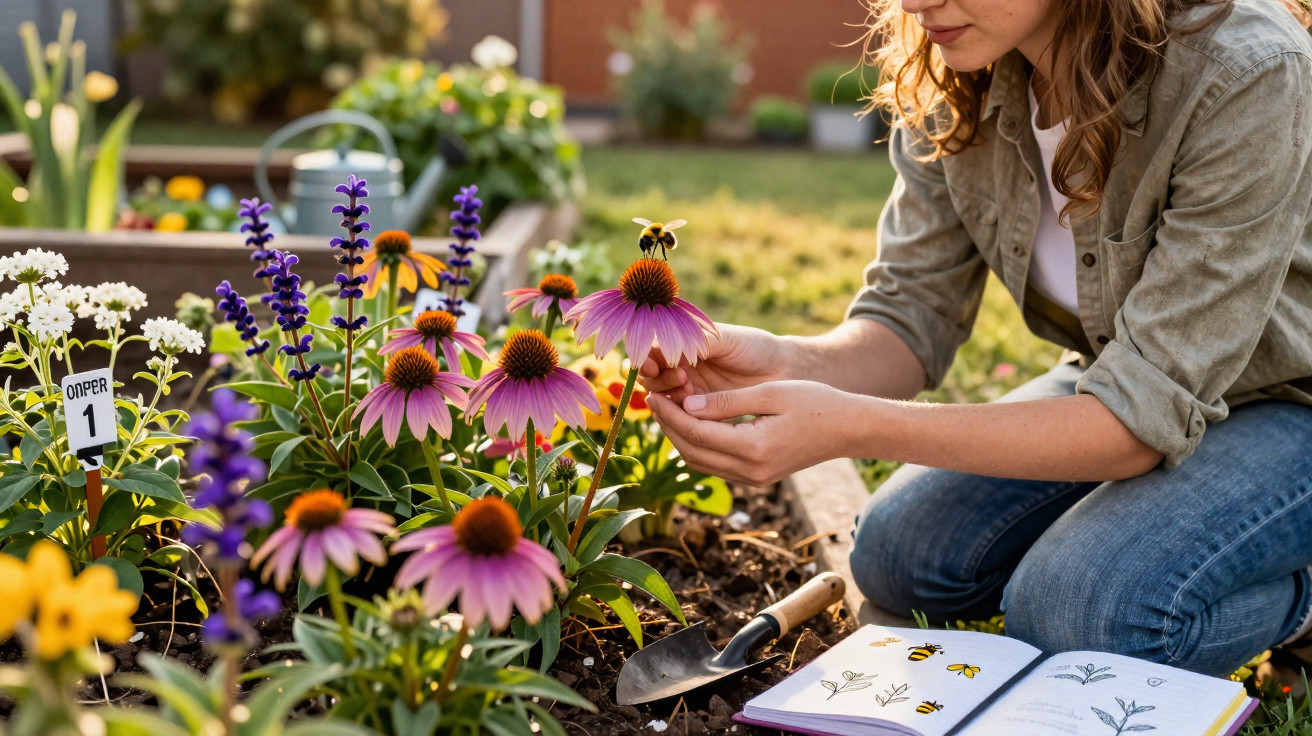 Frau betrachtet Blume mit Biene im Garten, neben ihr liegt ein Notizbuch mit Skizzen von Insekten.