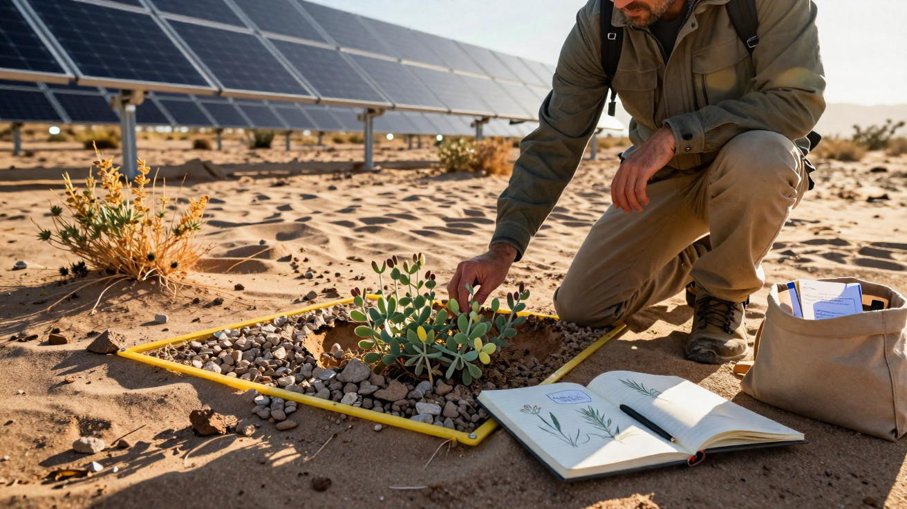 Mann untersucht Pflanze in Wüstenboden mit Solarpanels im Hintergrund und Notizbuch daneben.