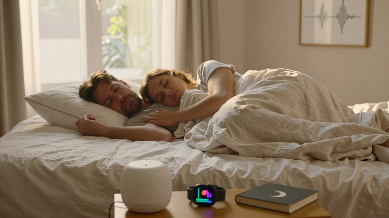 Paar schläft innig im Bett, neben einem Nachttisch mit Smart-Home-Gerät, Fitnessuhr und Buch mit Mondmotiv.
