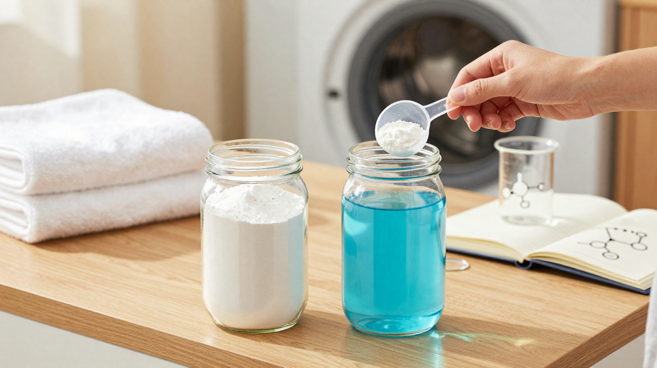 Hand gibt Waschpulver in Glas mit blauer Flüssigkeit, neben Glas mit weißem Pulver und gefalteten Handtüchern.