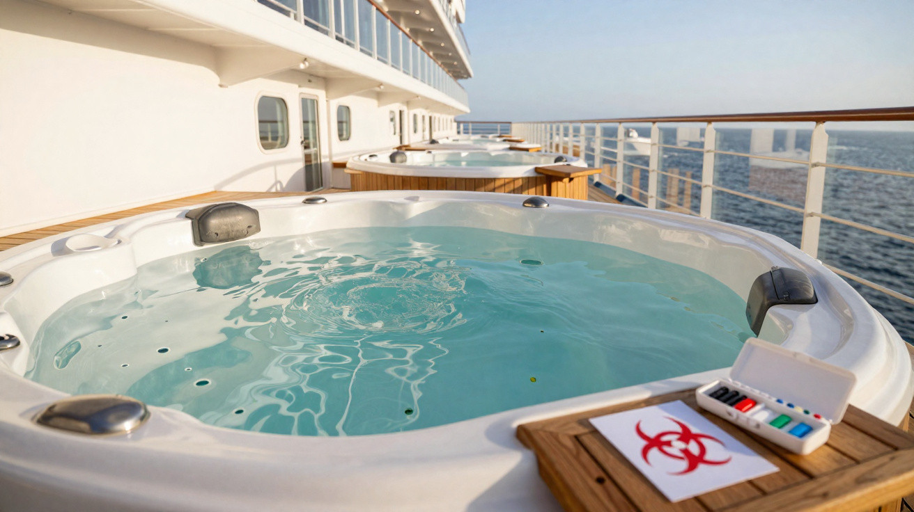Whirlpool auf dem Deck eines Kreuzfahrtschiffs mit Biohazard-Symbol auf einem Tisch neben Wasserfarbenkasten.