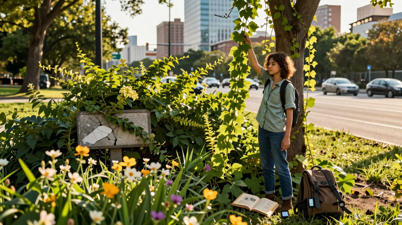Kind steht mit Rucksack neben Baum und Blumenwiese in Stadtpark, hält Zweig mit hand in sonnigem Licht hoch.