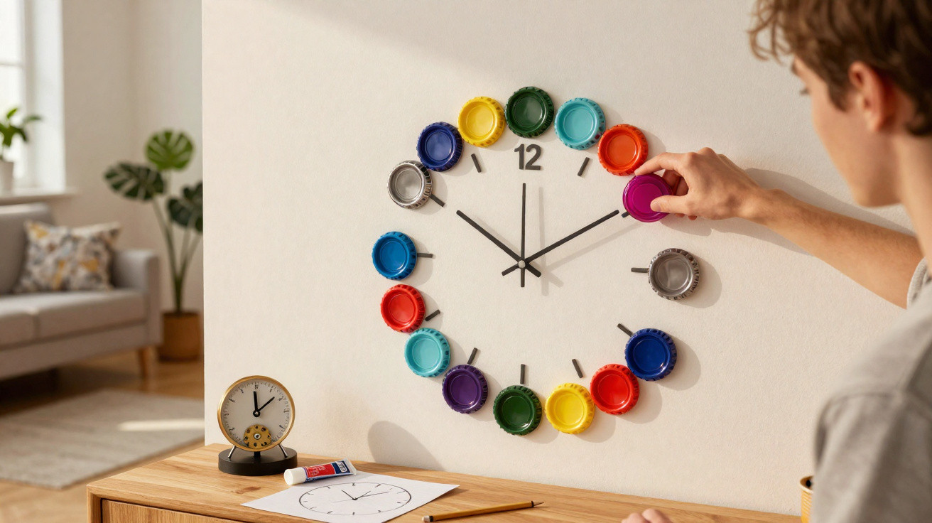 Person stellt farbige Kronkorken als Ziffern auf eine selbstgemachte Wanduhr in einem hellen Wohnzimmer.