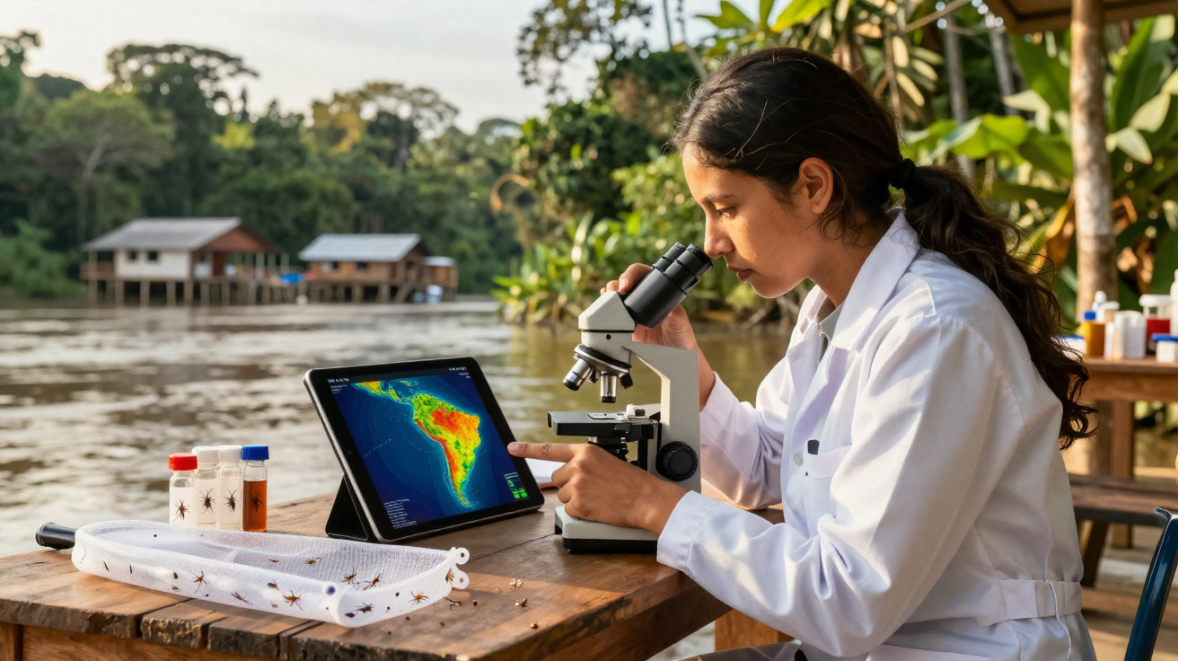Wissenschaftlerin im weißen Kittel nutzt Mikroskop und Tablet mit Südamerika-Karte an einem Fluss im Dschungel.