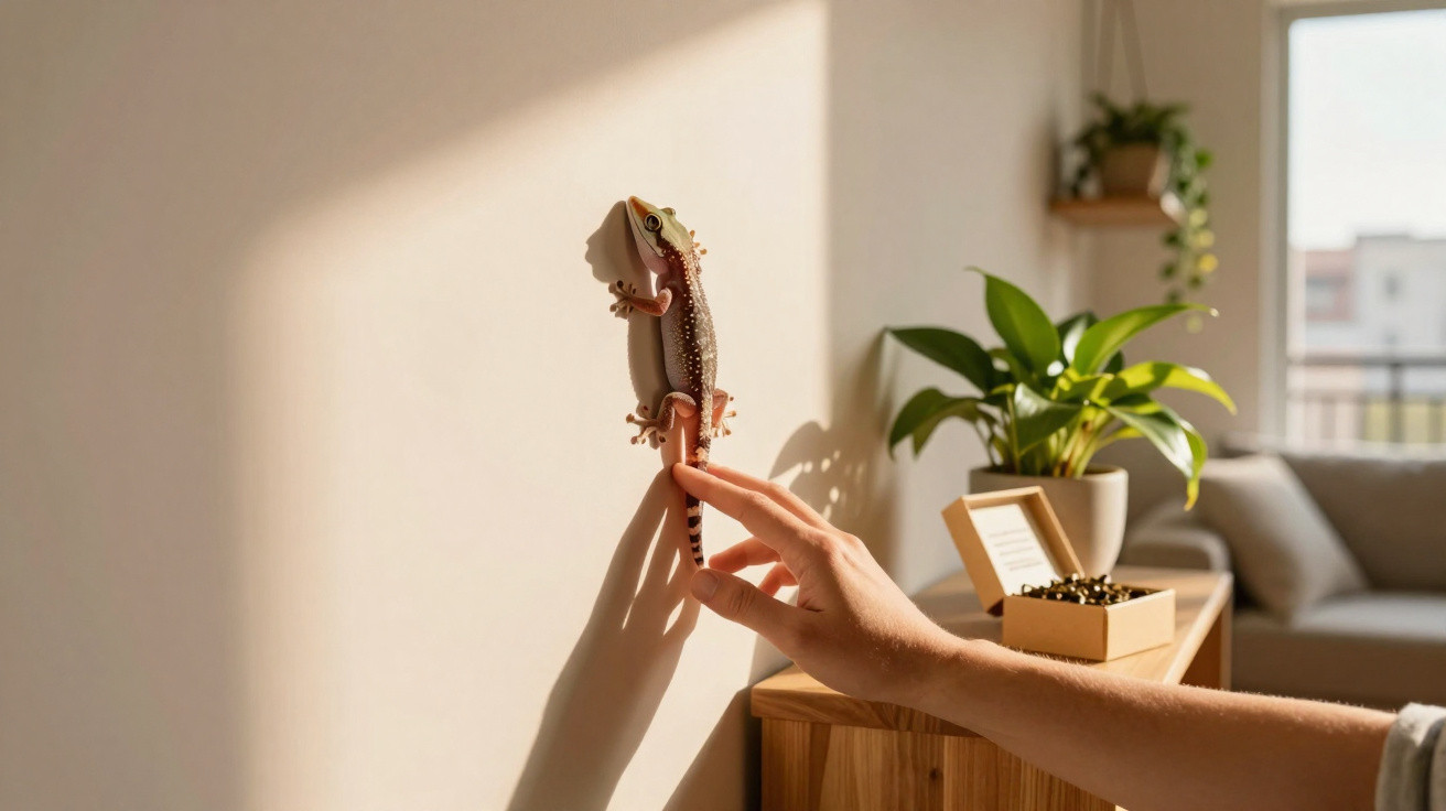 Hand berührt eine kleine bunte Echse an der Wand in einem sonnendurchfluteten Raum mit Pflanzen.