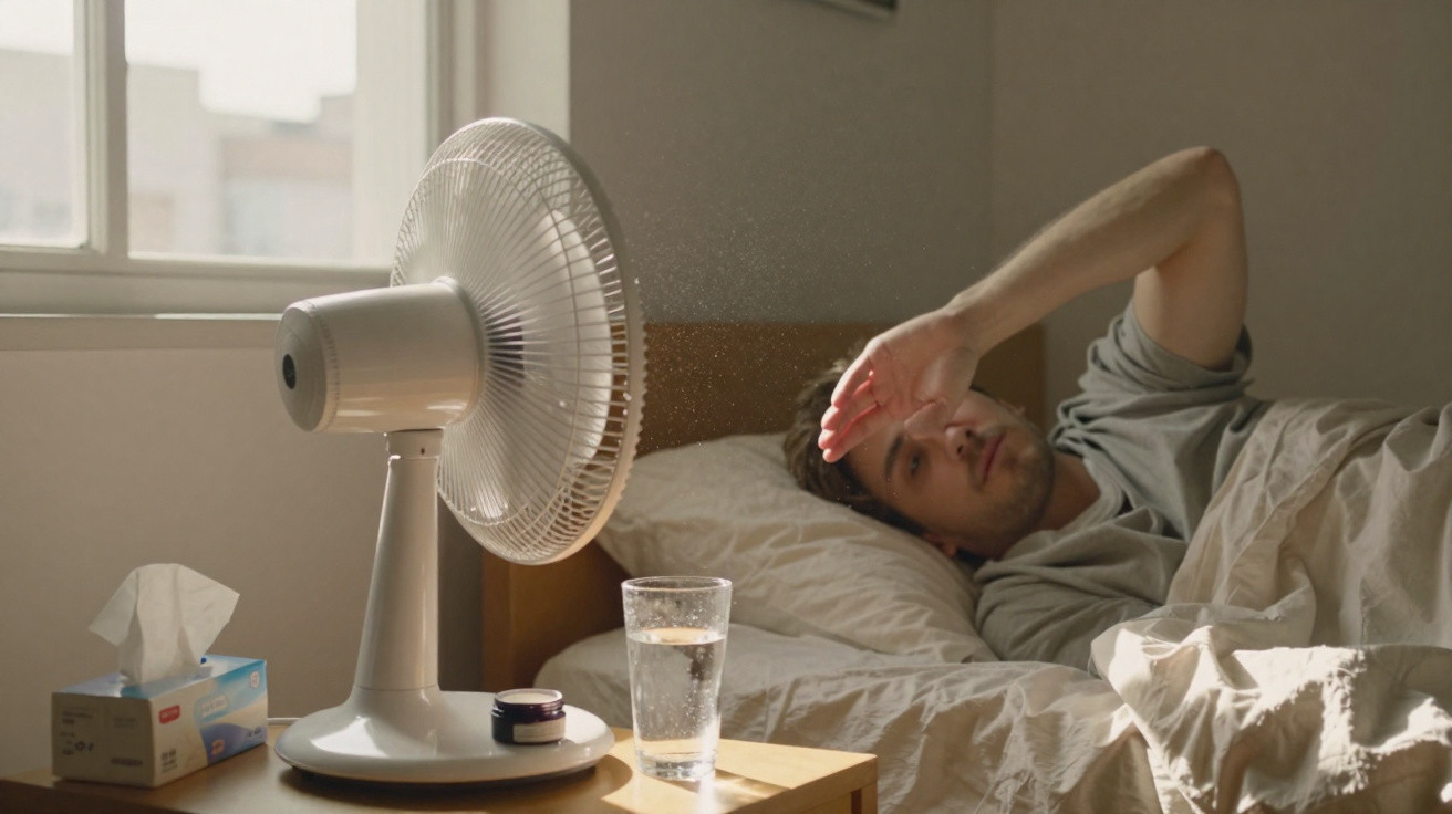 Mann liegt im Bett und kühlt sich mit einem Ventilator im Schlafzimmer an einem sonnigen Tag ab.