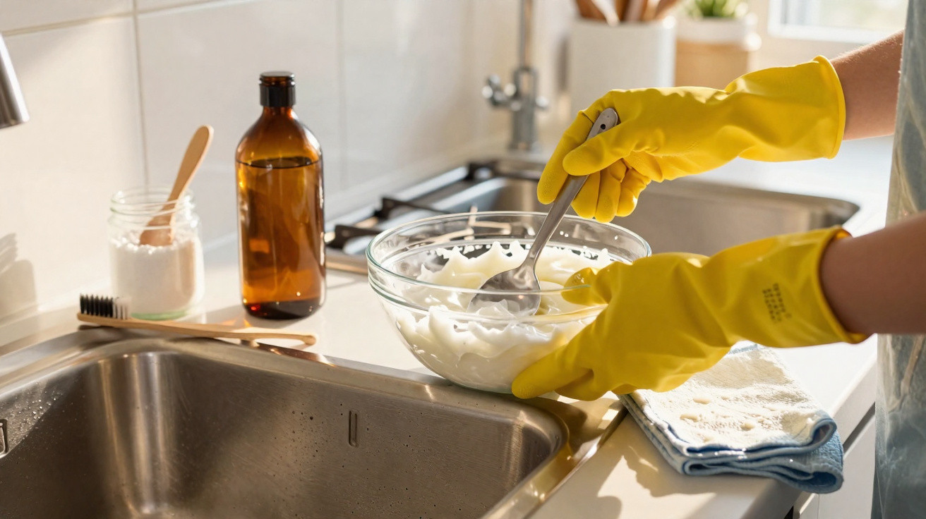 Person mit gelben Gummihandschuhen rührt Reinigungspaste in einer Glasschüssel in der Küche.
